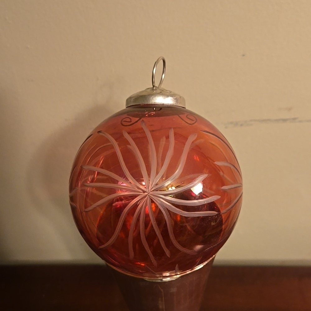 Cranberry Glass Etched Kugel Ornament 5 inches tall